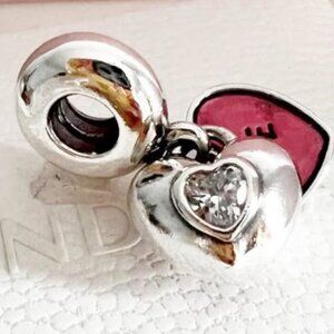 Pandora You and Me Double Heart Dangle Charm – Sterling Silver CZ w/box